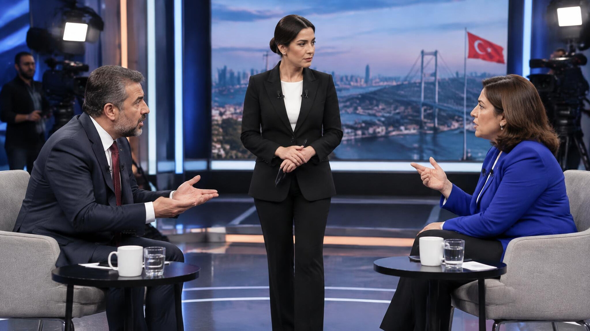 Moderator mediating a tense conversation between two guests in a TV studio