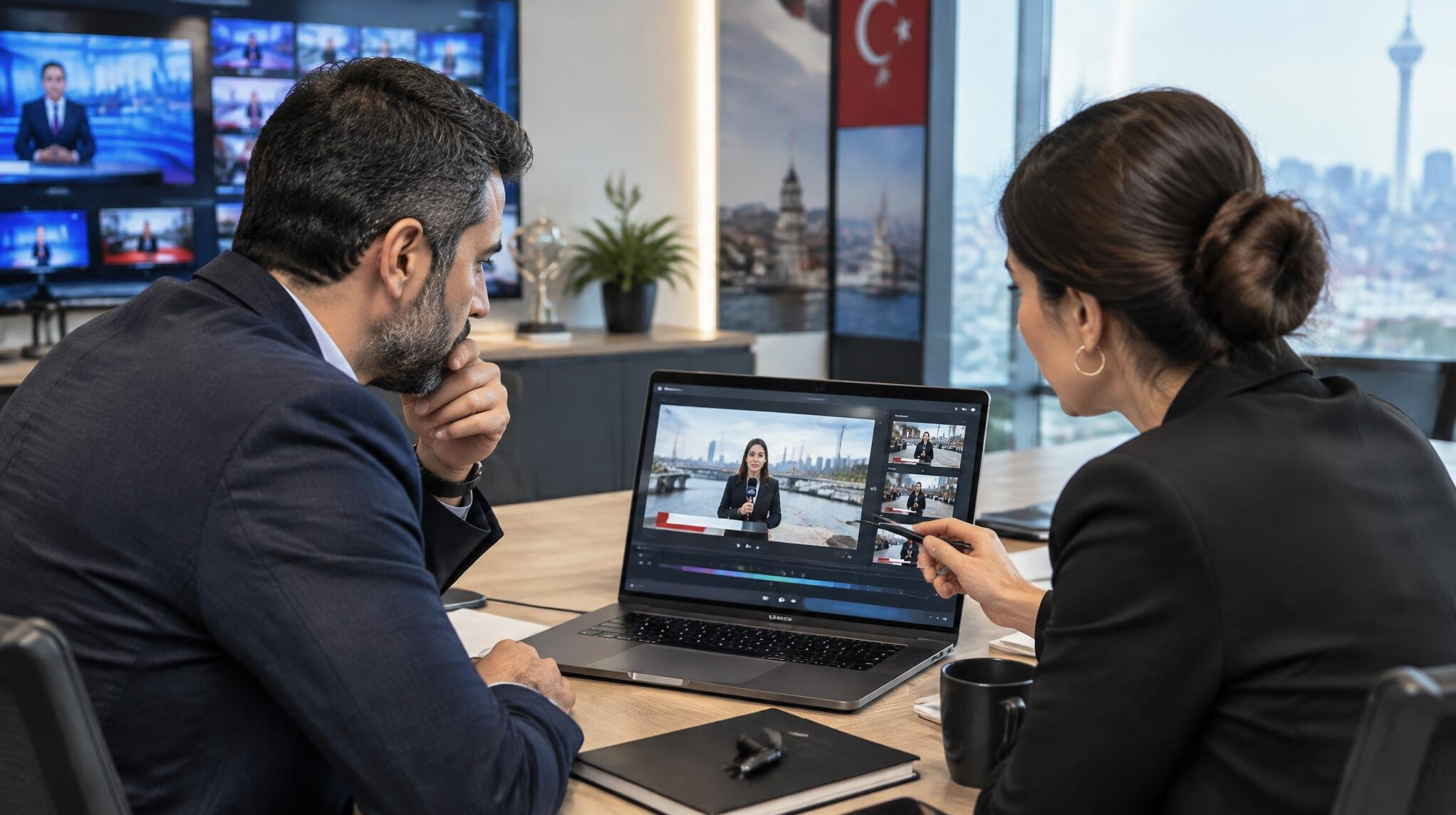 Consultant reviewing broadcast footage with a television channel client