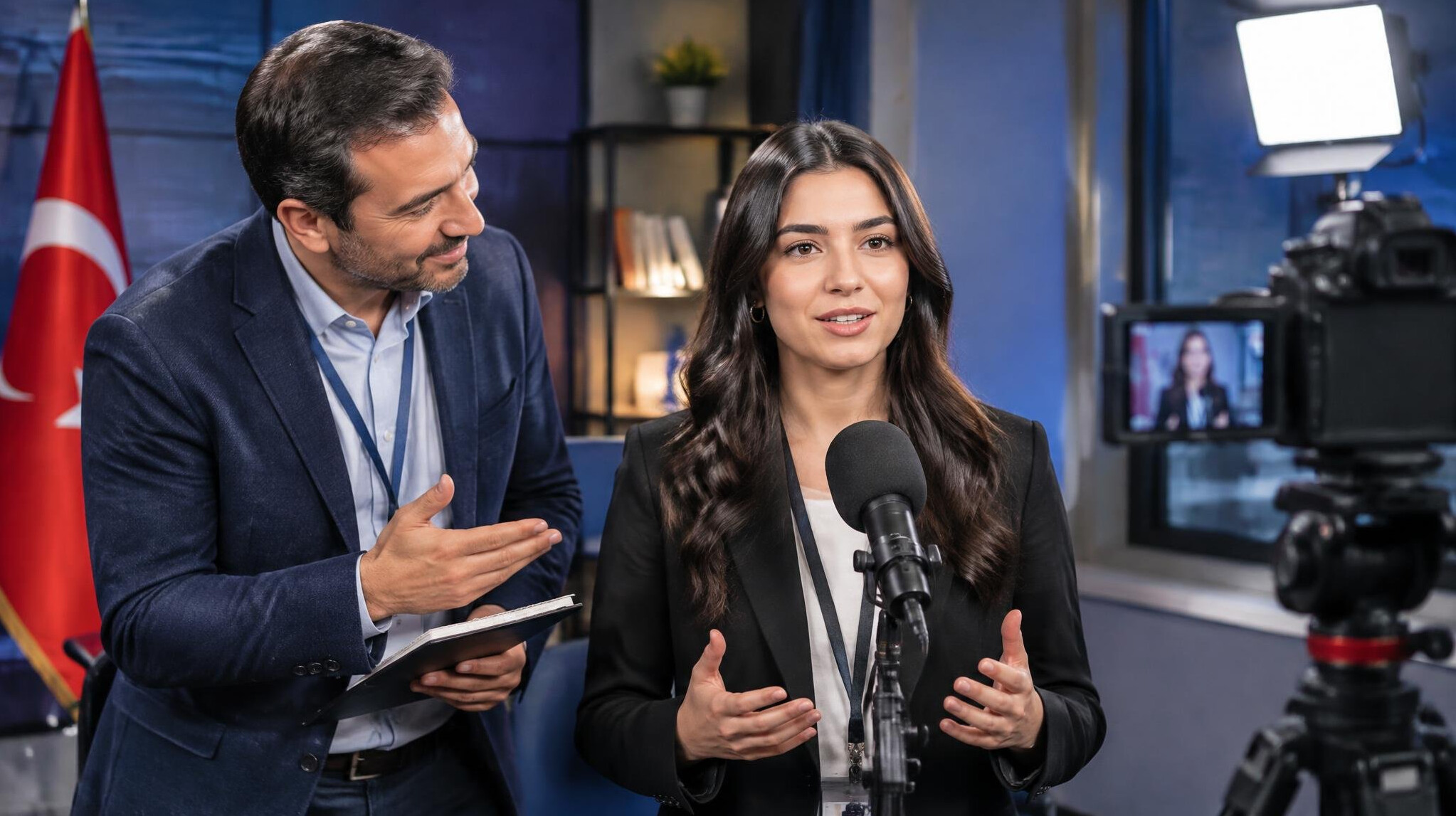Trainer coaching a journalist in front of a microphone