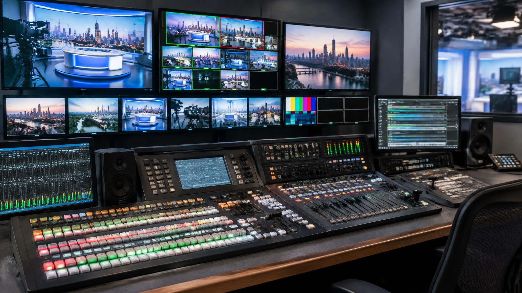 Broadcast control room mixing desk with multiple monitors